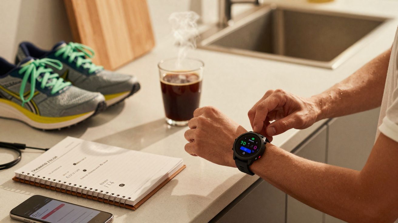 Pessoa a preparar treino usando smartwatch na cozinha, com ténis, caderno, telemóvel e café quente ao fundo.