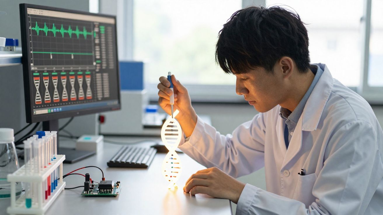 Cientista em laboratório manipula modelo iluminado de dupla hélice de ADN com computador ao fundo.