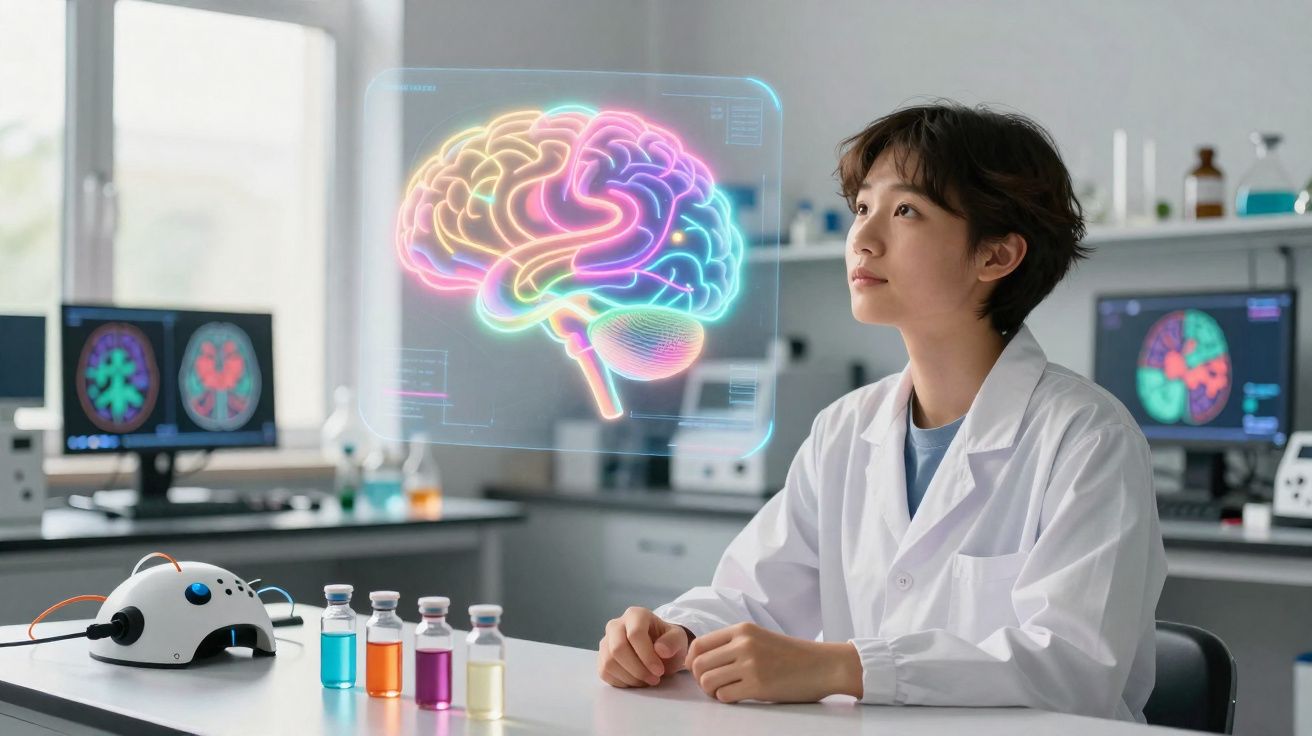 Mulher cientista em laboratório com holograma colorido de cérebro e frascos com líquidos coloridos à frente.