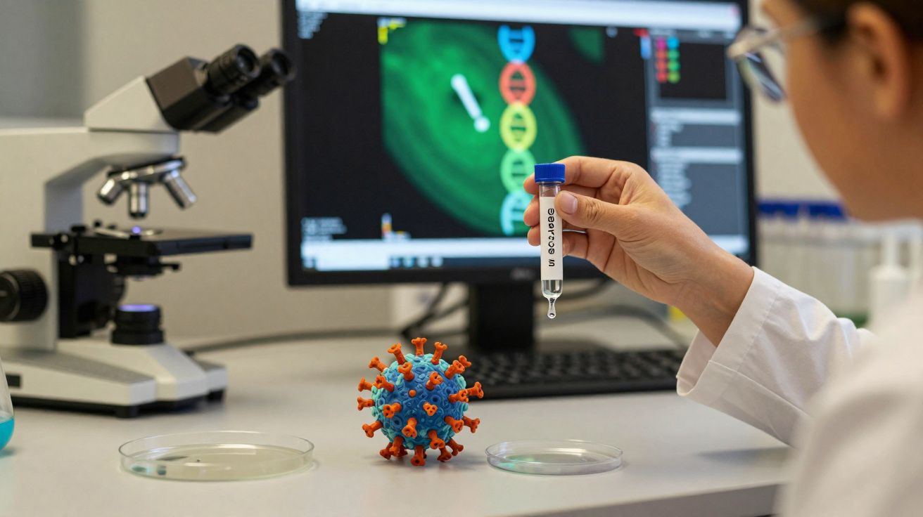 Cientista segura tubo de ensaio com amostra, modelo do vírus SARS-CoV-2 e microscópio em laboratório.