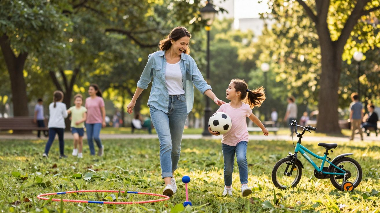 Mãe e filha a brincar no parque, a sorrir e segurando uma bola de futebol, com bicicleta ao lado.