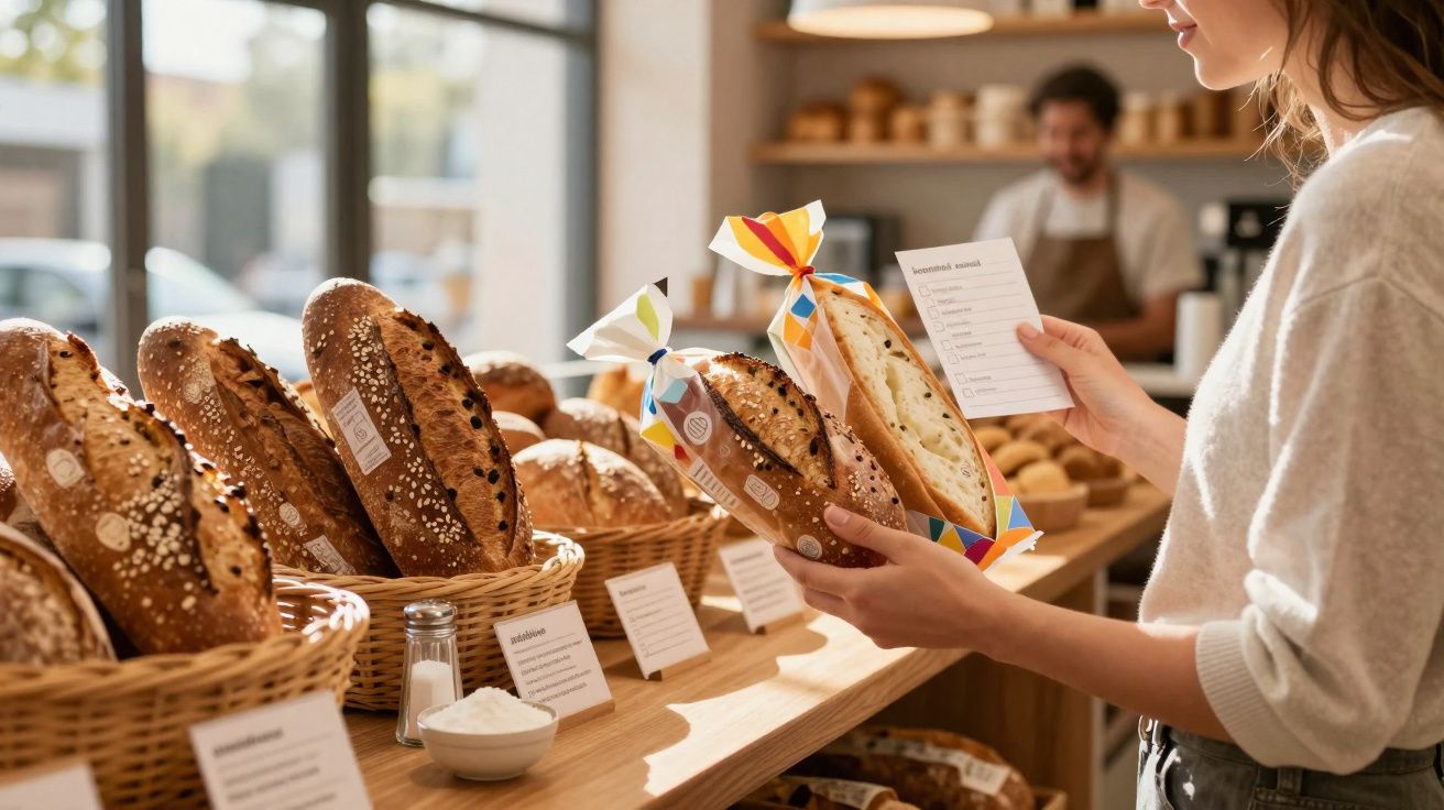 Cliente a escolher pão embalado numa padaria com vários tipos de pão em cestos sobre o balcão.
