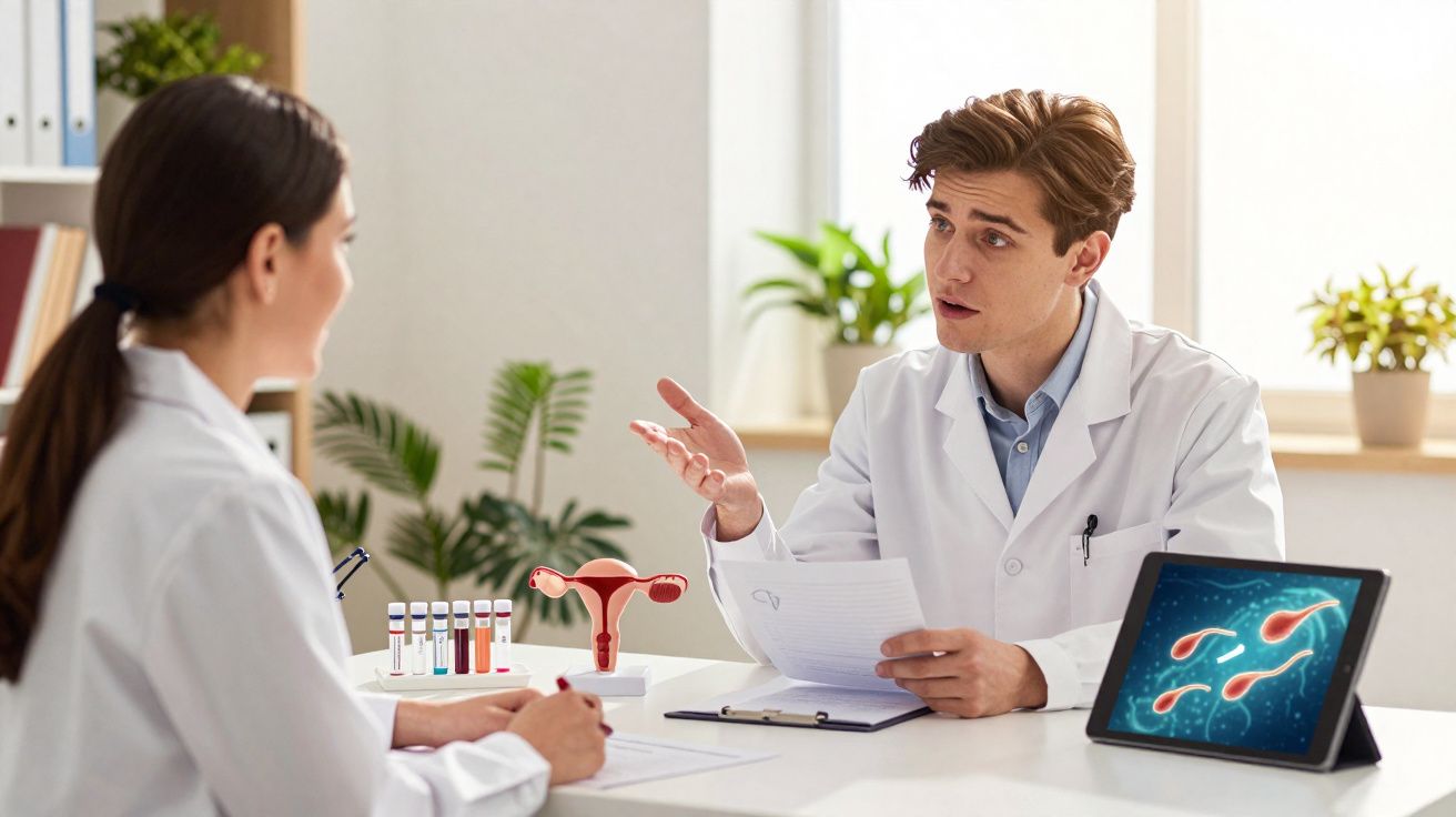 Dois médicos discutem resultados de exames de fertilidade com modelo de útero e imagem de espermatozoides no tablet.
