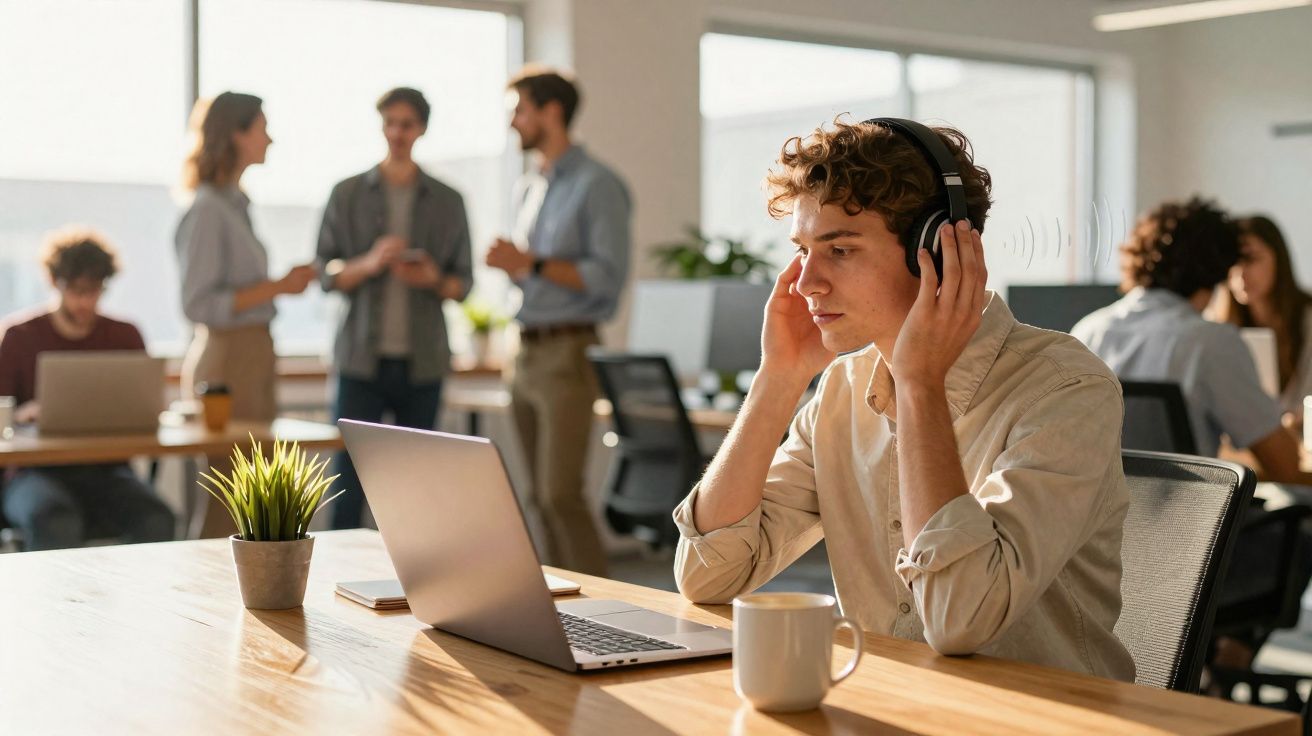 Jovem com auscultadores a trabalhar num portátil num escritório moderno e luminoso, com colegas ao fundo.