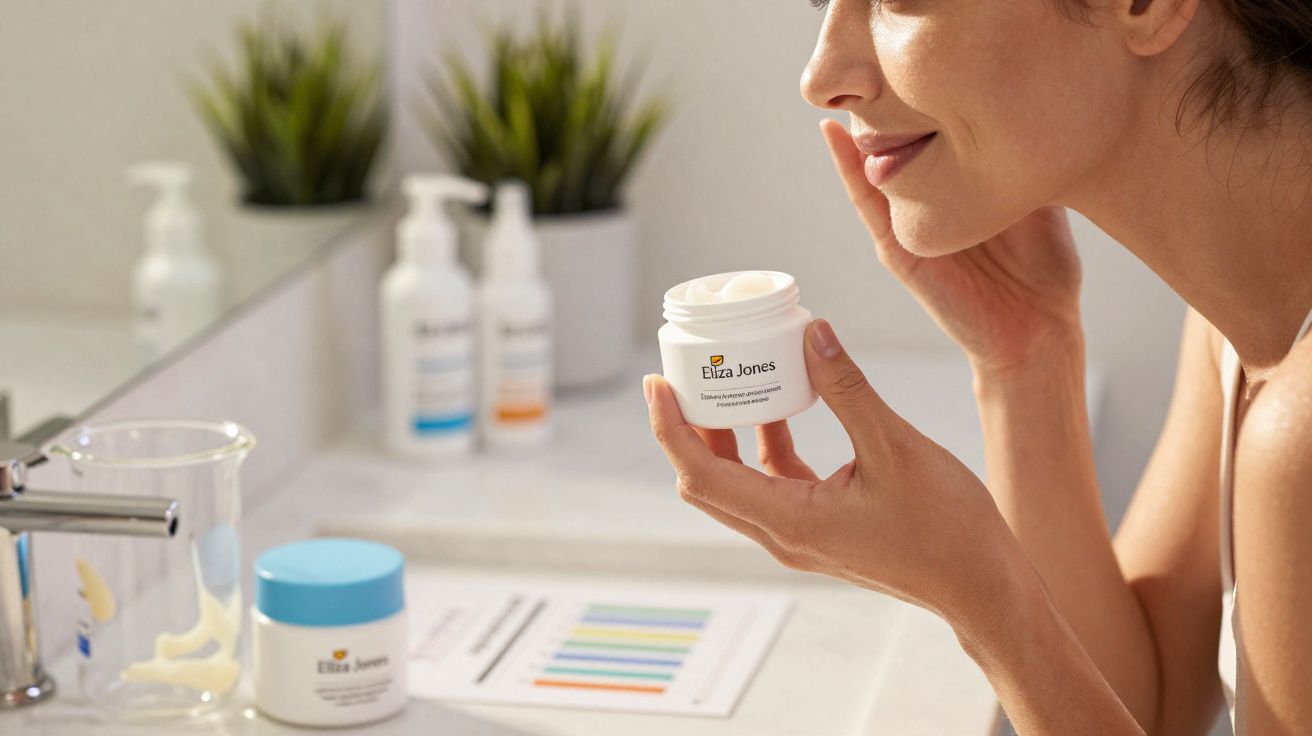 Mulher aplica creme hidratante facial Eliza Jones numa casa de banho moderna e luminosa.