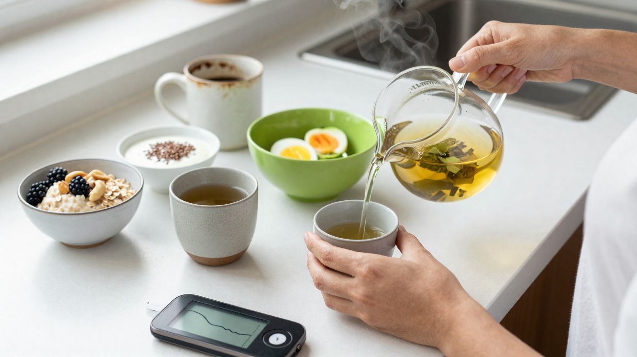 Pessoa a servir chá quente numa chávena, com pequeno-almoço saudável e medidor de glicemia numa bancada.