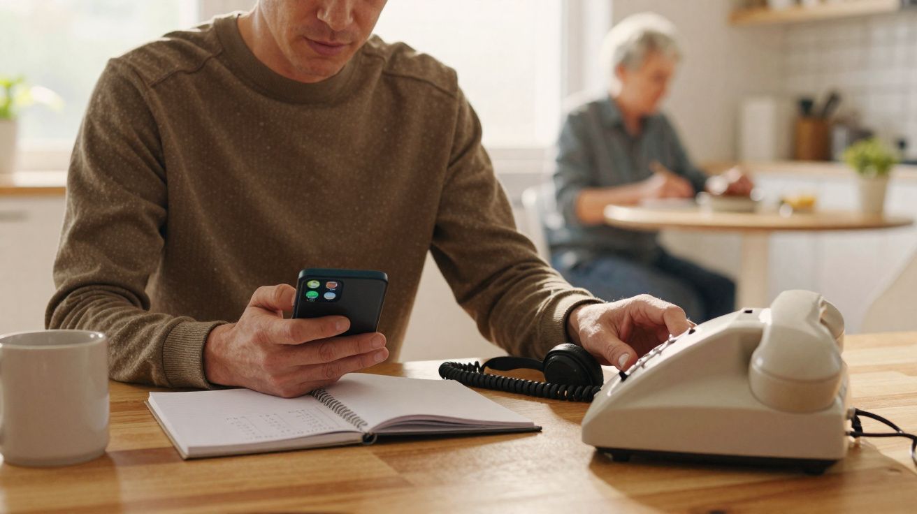 Homem a usar telemóvel e a atender telefone fixo enquanto está numa mesa com caderno aberto.