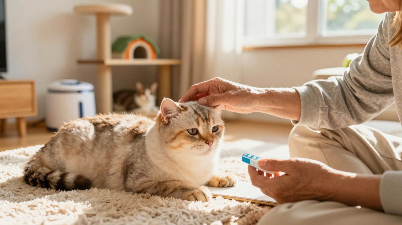 Pessoa a acariciar a cabeça de um gato enquanto segura uma caixa de comprimidos, numa sala iluminada.