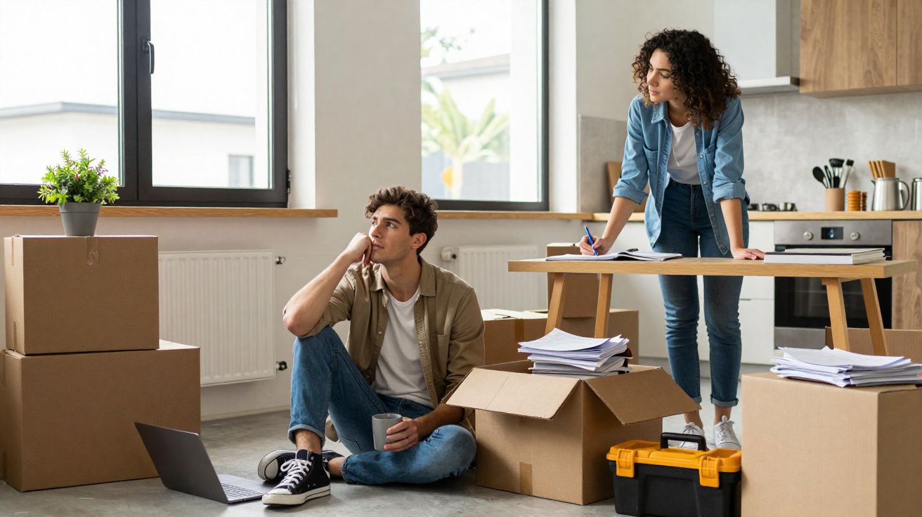 Casal rodeado de caixas, planeando e organizando mudanças numa sala ampla e luminosa.