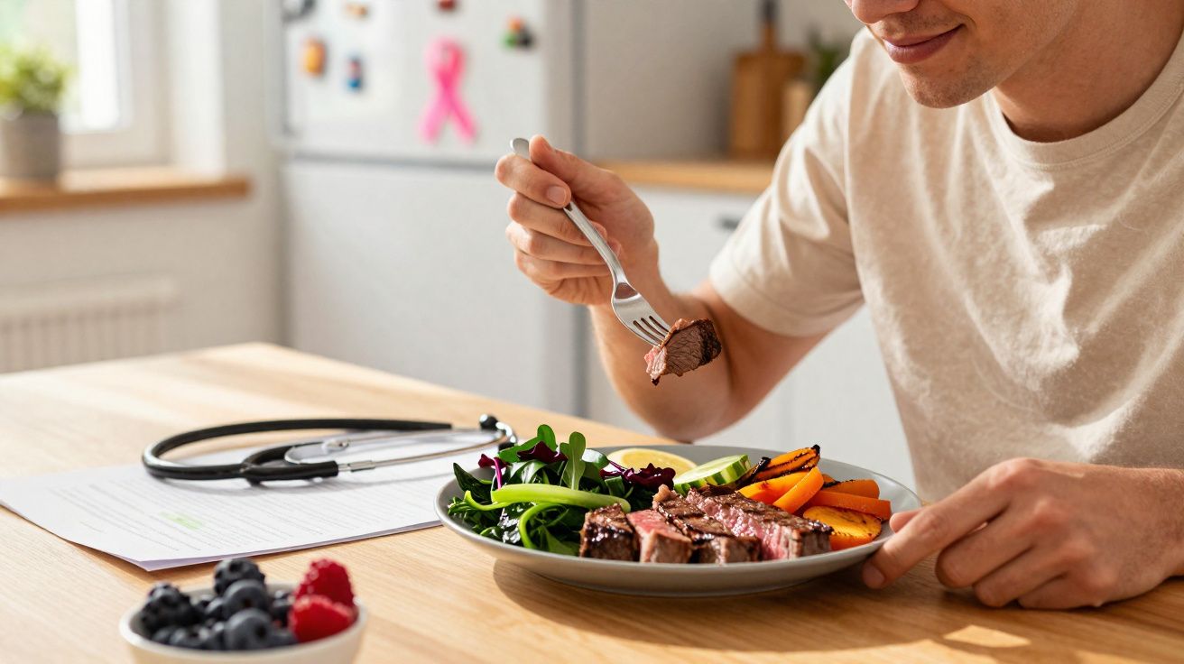 Pessoa a comer bife com legumes num prato, ao lado de estetoscópio e documentos numa mesa.