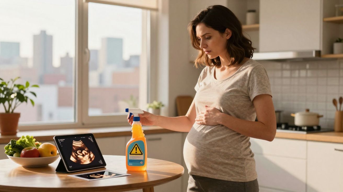 Mulher grávida na cozinha, segurando produto de limpeza, com ecografia do bebé num tablet sobre a mesa.