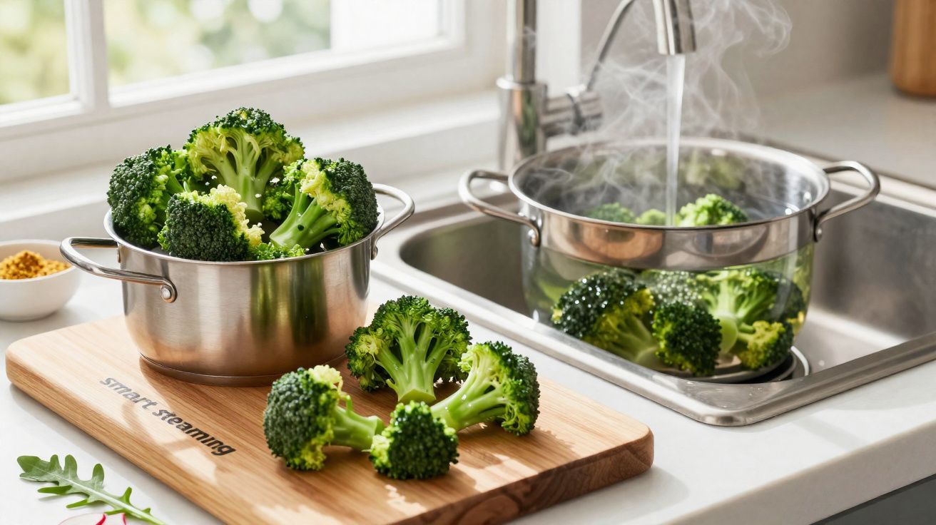 Brócolos frescos a ser preparados com cozedura a vapor numa cozinha moderna junto a uma janela.