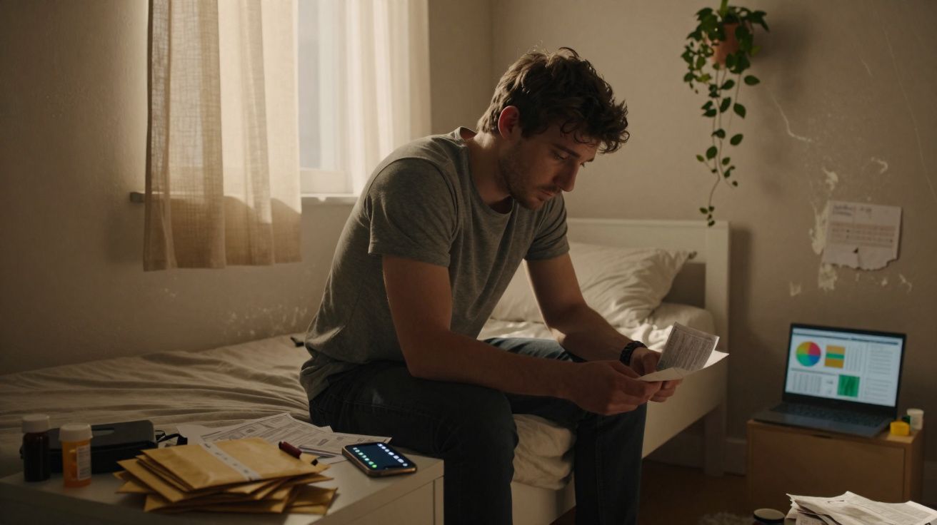 Homem sentado na cama a analisar documentos num quarto com luz suave e computador portátil aberto.