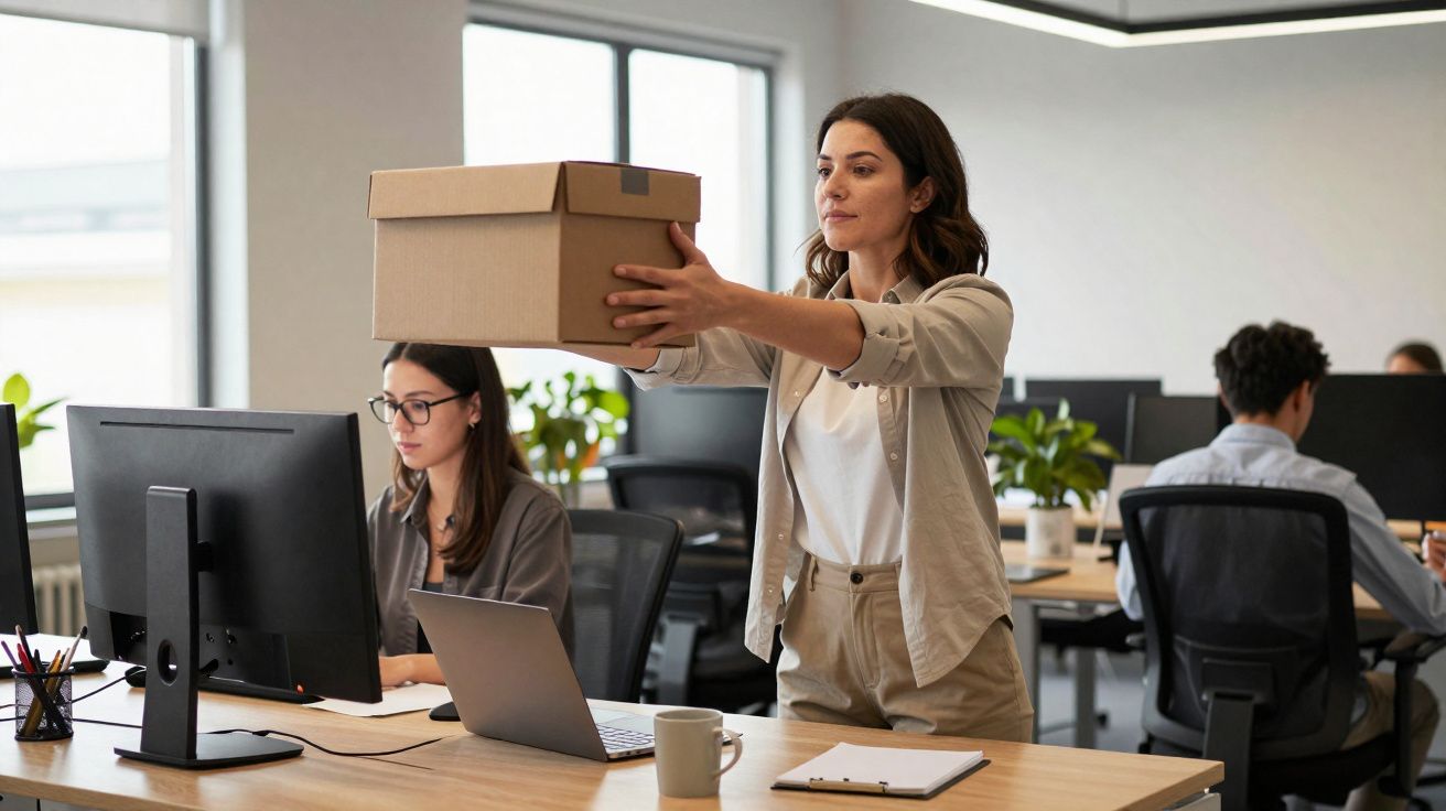 Mulher jovem a transportar caixa de carton numa moderna zona de escritórios com colegas a trabalhar.