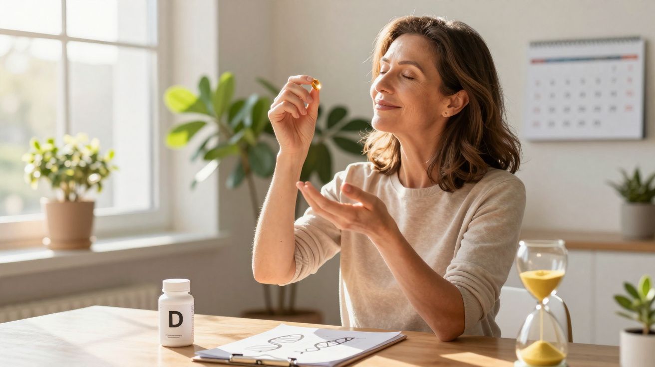 Mulher adulta a tomar suplemento de vitamina D em casa, com expressão de satisfação e plantas ao fundo.