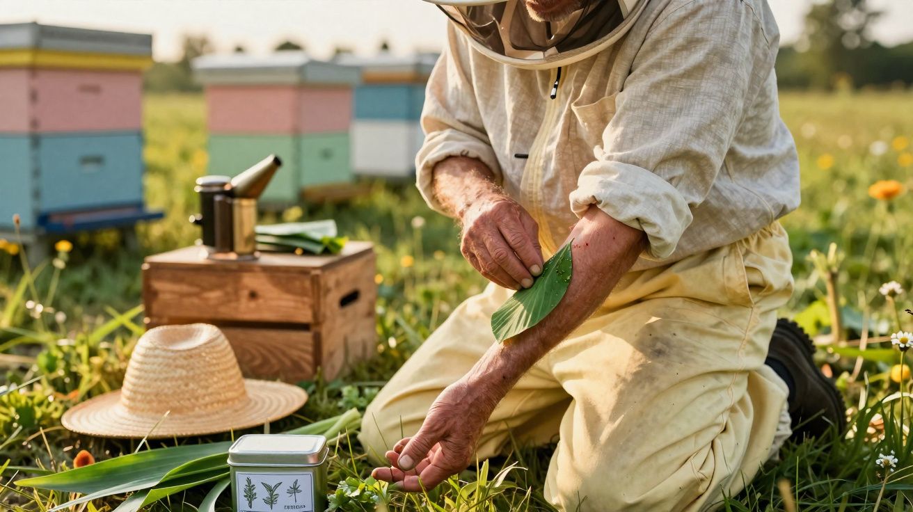 Apicultor a proteger o braço com uma folha num campo com colmeias coloridas ao fundo.