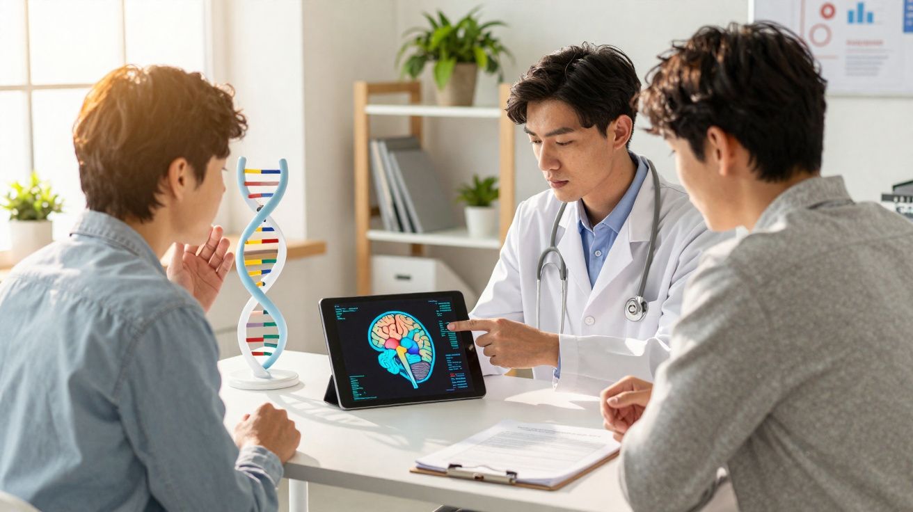 Médico explica imagem detalhada do cérebro a dois pacientes num consultório com modelo de DNA na mesa.