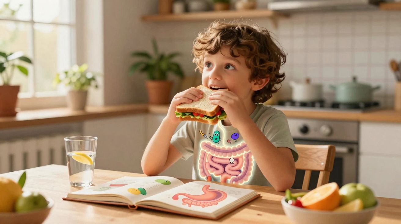Criança a comer uma sanduíche na cozinha com livro ilustrado do sistema digestivo à frente e copo de água.