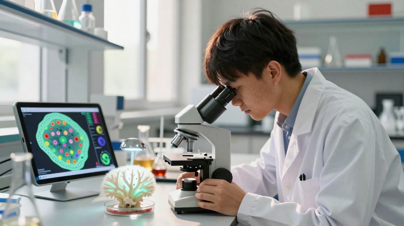 Cientista em bata branca observa amostra ao microscópio num laboratório moderno com computador ao lado.