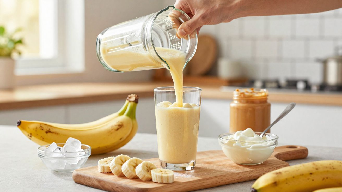 Bebida de smoothie de banana a ser servida num copo, com bananas, gelos, iogurte e manteiga de amendoim na cozinha.