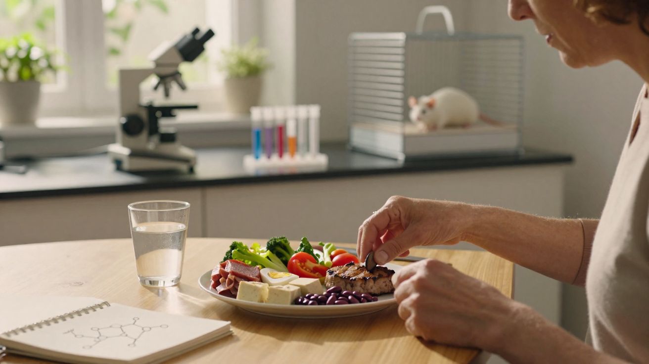 Pessoa a preparar uma refeição saudável com vegetais, carne e legumes numa mesa de madeira.