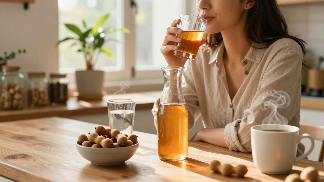 Mulher a beber chá quente numa cozinha, com xícara de chá, jarro e bolachas numa tigela à sua frente.