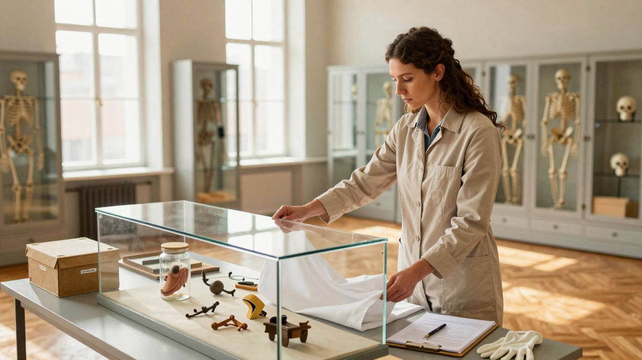 Mulher a organizar exposição científica num museu, com esqueletos e objetos em vitrine e documentos numa mesa.