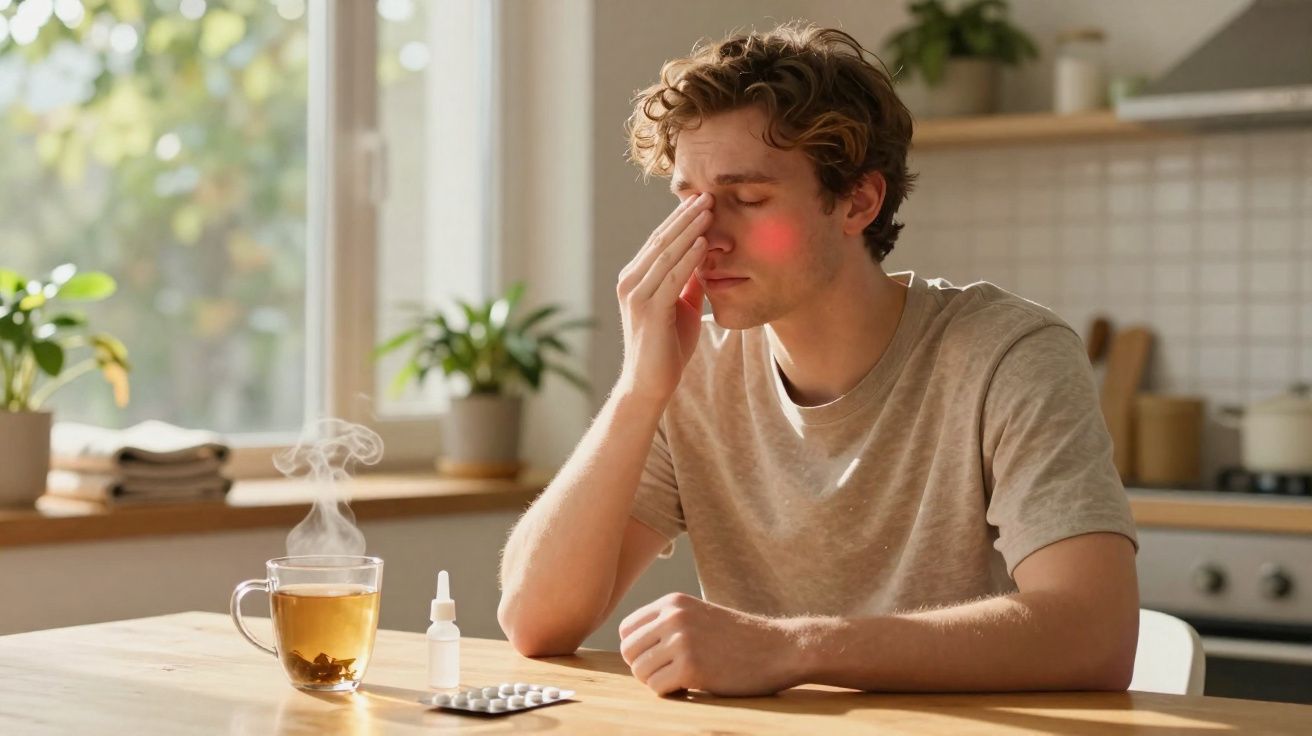 Homem com dor de cabeça sentado à mesa com chá, medicamentos e frasco de spray nasal numa cozinha iluminada.