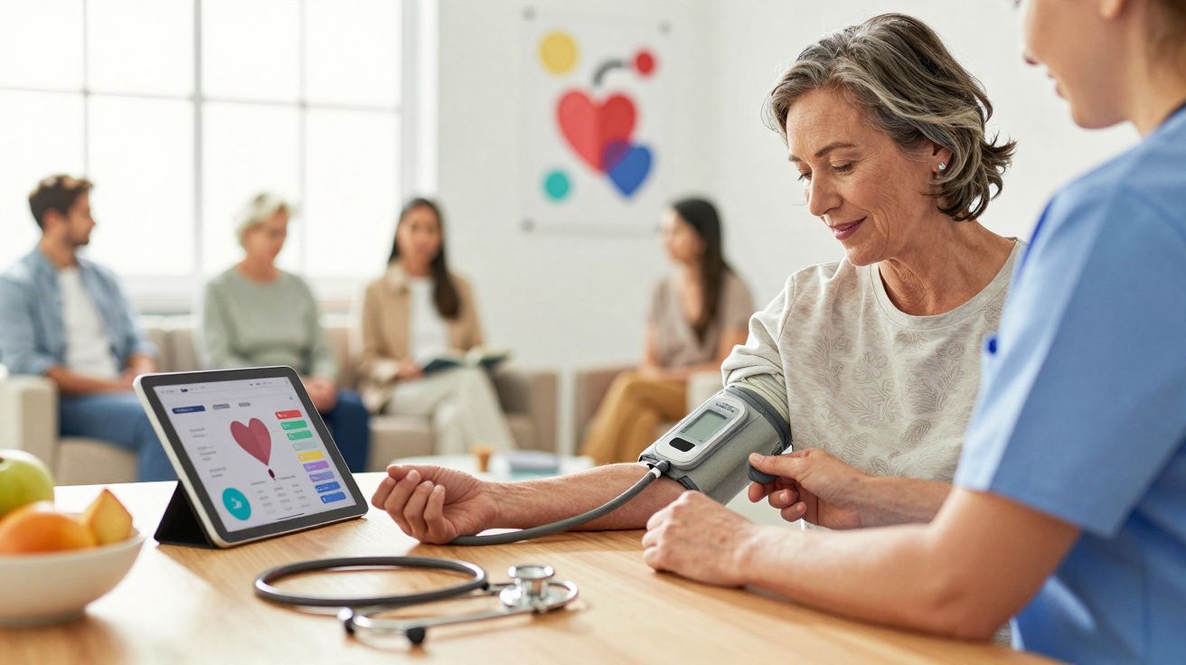 Enfermeira a medir a pressão arterial a uma mulher sénior num consultório com outras pessoas ao fundo.