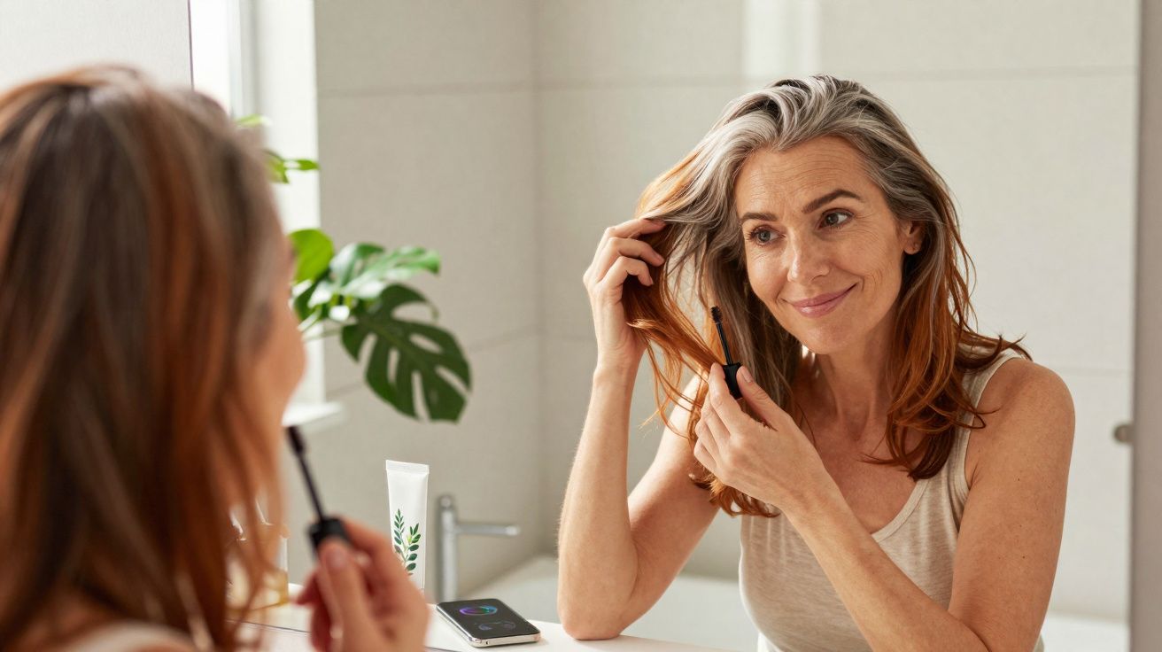 Mulher sorridente a pentear o cabelo junto a um espelho numa casa de banho iluminada.
