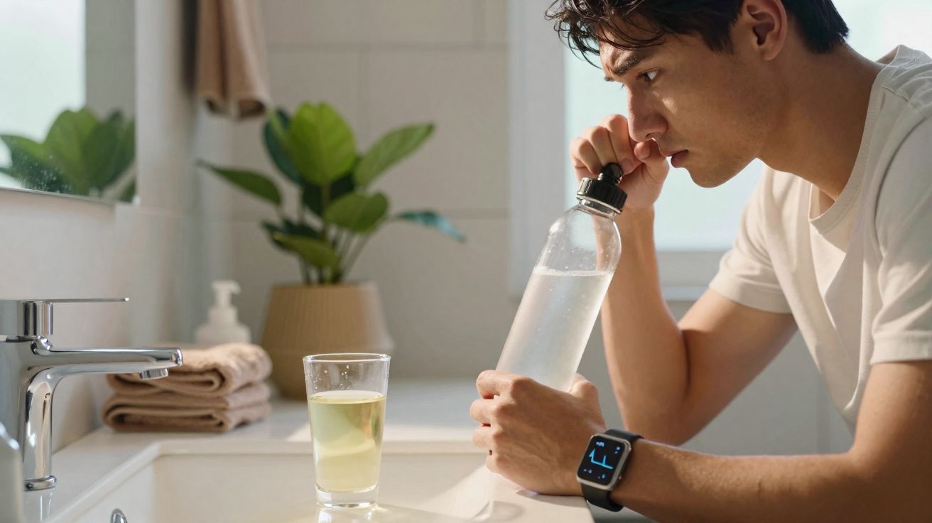 Homem pensativo com garrafa de água ao lado de copo no lavatório de casa de banho iluminada.