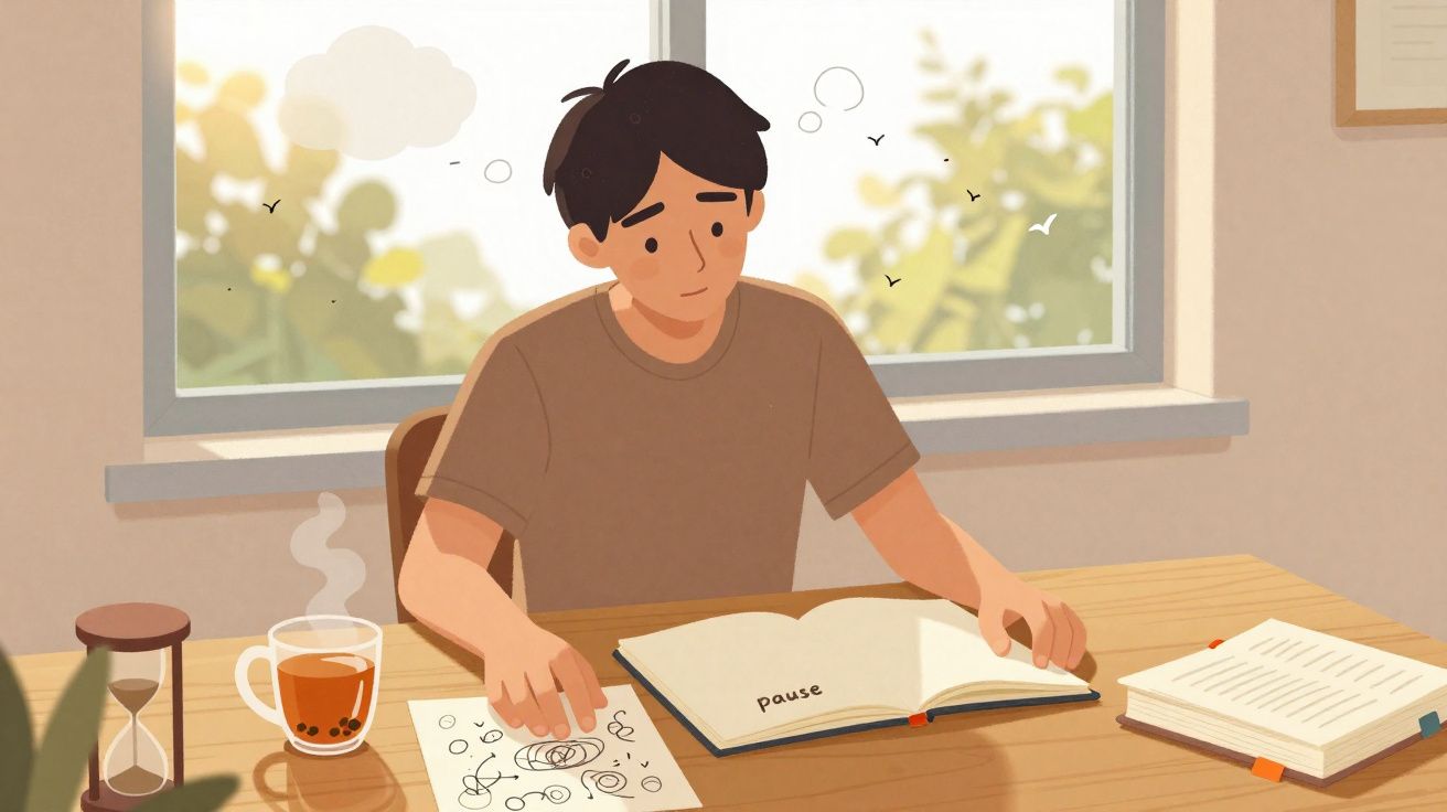 Jovem sentado a ler um livro com a palavra "Pause", rodeado de papéis, chá quente e ampulheta numa mesa.