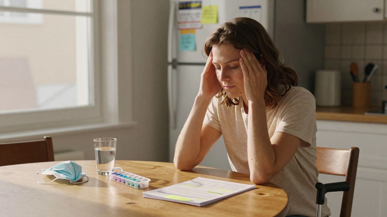 Mulher sentada à mesa com expressão de cansaço e mãos na cabeça, rodeada de medicação e máscara.