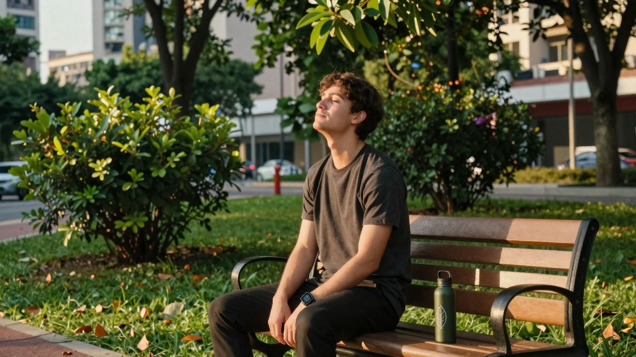 Jovem sentado num banco de parque urbano, olhos fechados a aproveitar luz do sol ao fim da tarde.