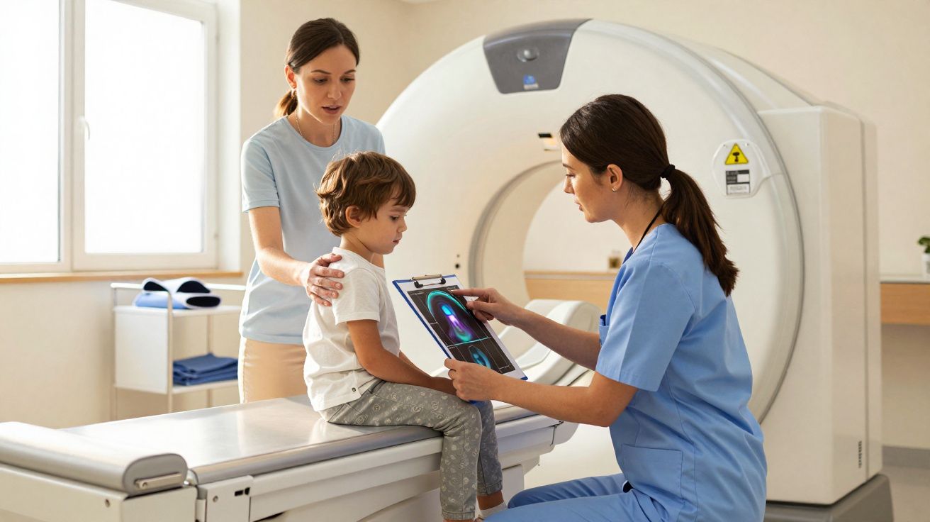 Médica em bata azul mostra imagens de ressonância magnética a criança sentada com mãe junto a aparelho de ressonância.