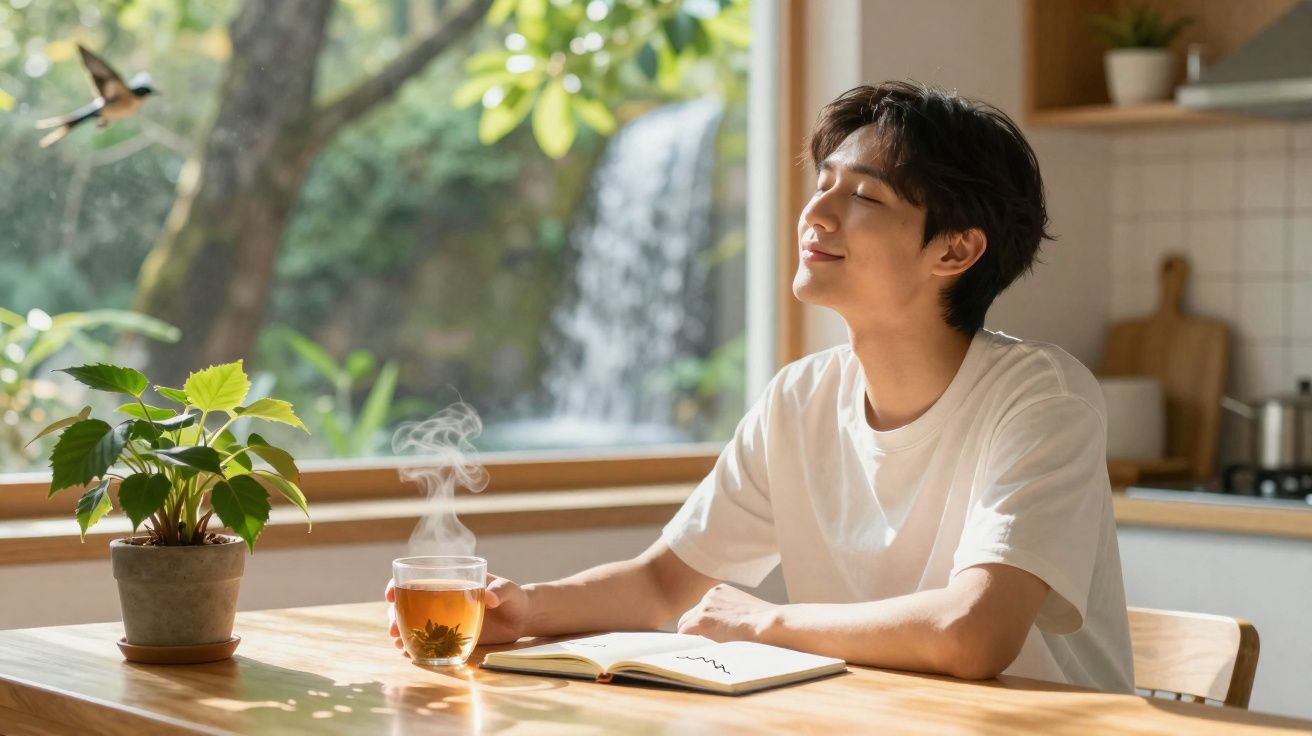 Jovem sentado a beber chá quente numa cozinha iluminada, apreciando a luz natural e a vista para uma cascata.