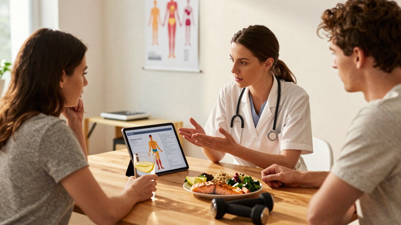 Médica a explicar dieta saudável a casal, com tablet a mostrar esquema corporal e alimentos na mesa.