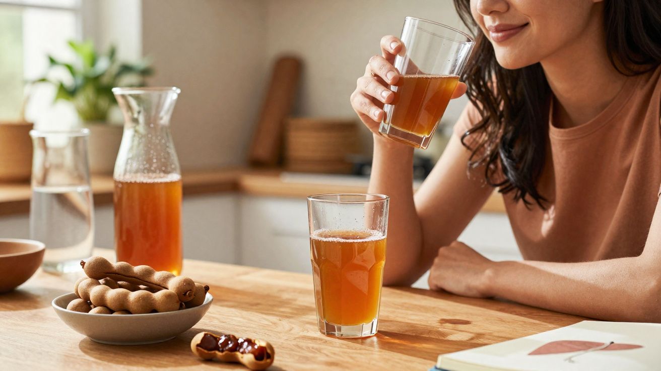 Mulher a beber sumo de tamarilho sentada à mesa com prato de tamarilhos e jarra em fundo desfocado.