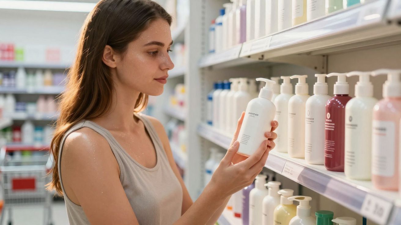 Mulher numa loja a analisar uma garrafa de produto de cuidados pessoais numa prateleira.