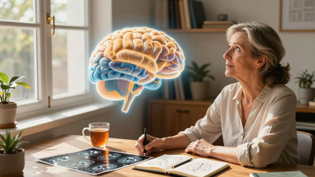 Mulher sénior a estudar imagens cerebrais e a observar um cérebro digital flutuante numa sala iluminada pela luz natural.