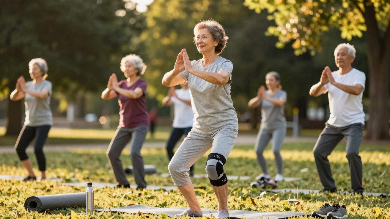 Grupo de idosos a praticar exercícios de equilíbrio num parque, ao ar livre, numa tarde soalheira.