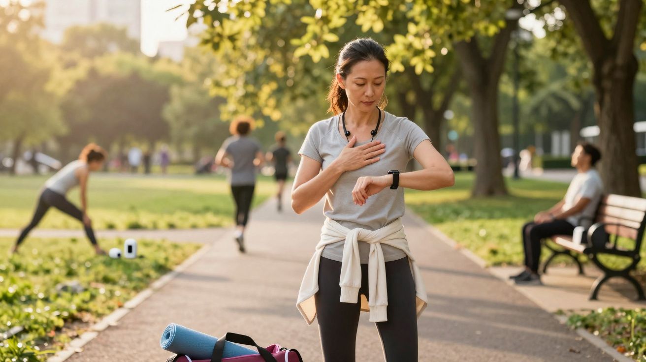 Mulher em roupa desportiva verifica frequência cardíaca e relógio num parque durante exercício matinal.