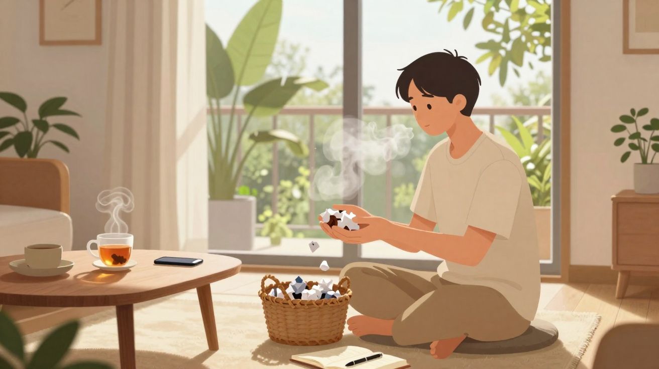 Pessoa sentada no chão de casa a queimar pedaços de papel, com chá numa mesa perto da janela.