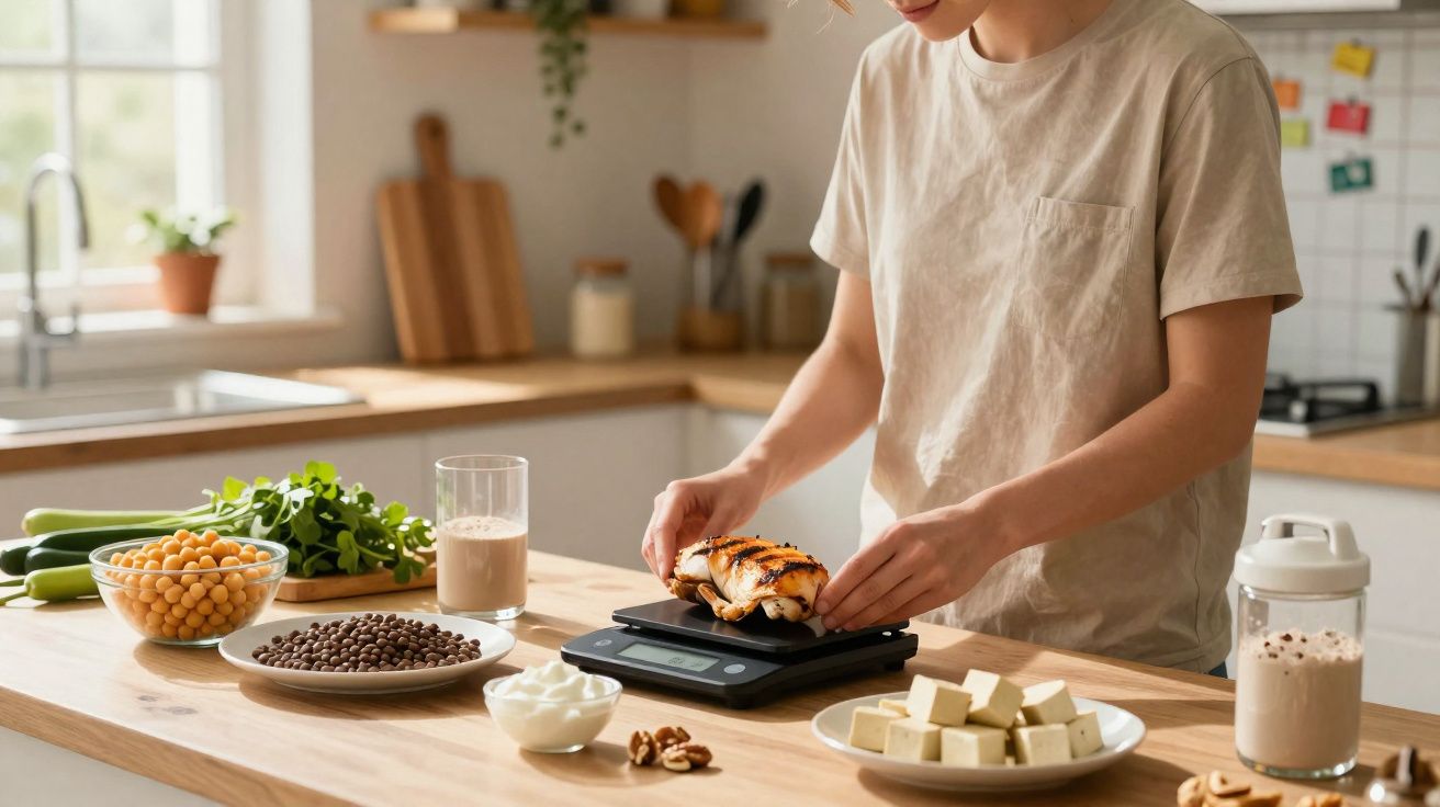 Pessoa a pesar peito de frango numa balança digital numa cozinha com ingredientes saudáveis à volta