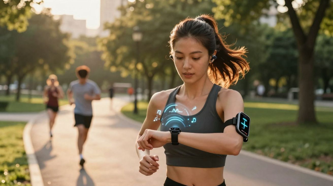 Mulher a correr num parque, a usar relógio inteligente e auscultadores sem fios.