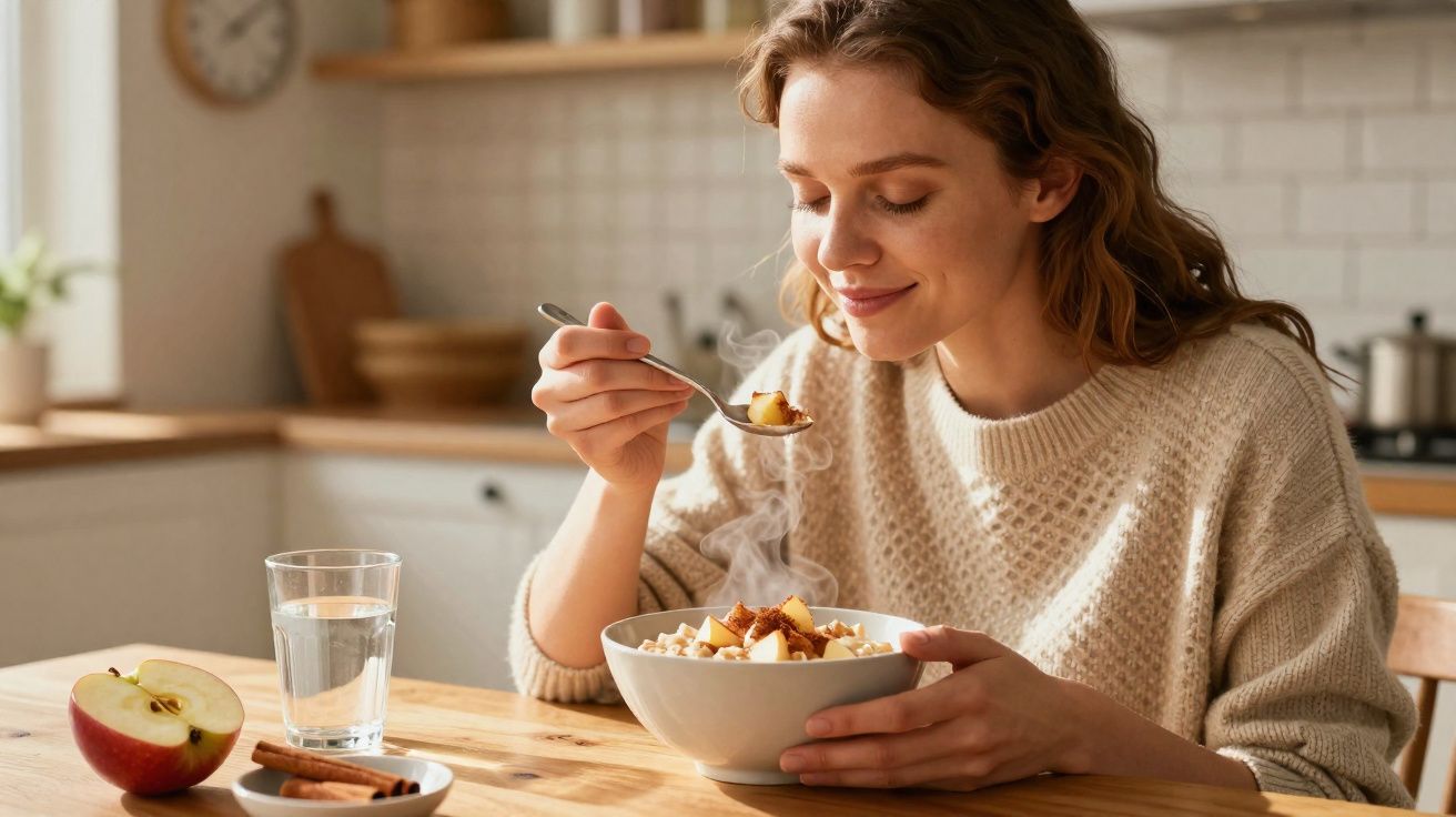 Mulher sorridente a comer uma tigela de papas quentes com pedaços de maçã na cozinha.
