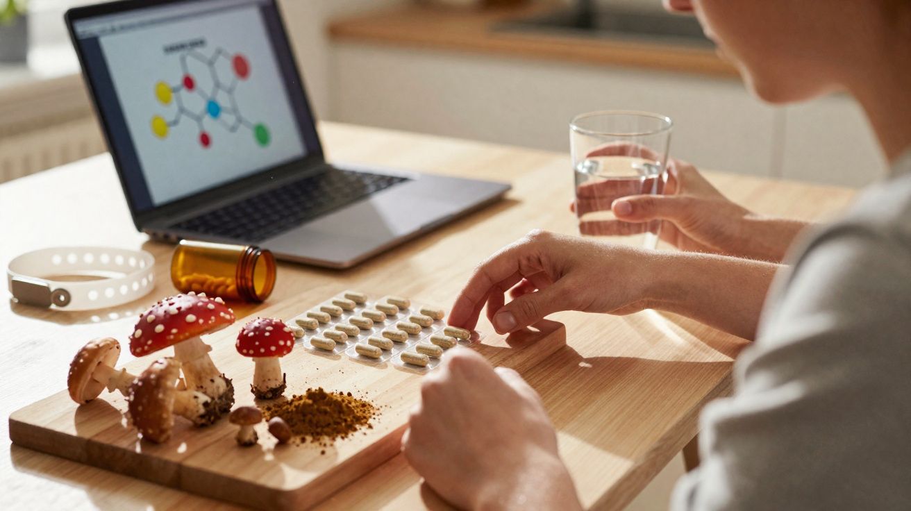 Pessoa segurando copo de água e medicamentos perto de cogumelos e computador com gráfico químico.