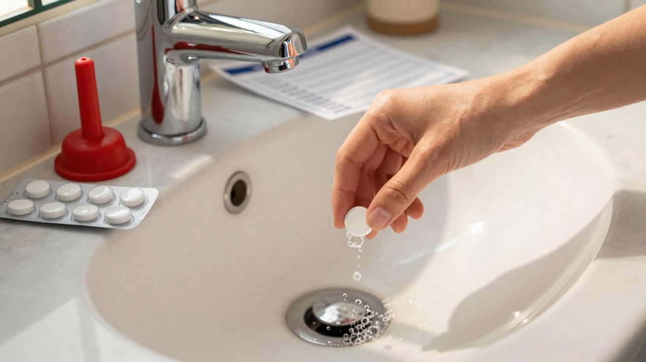 Mão a dissolver pastilha efervescente na água da torneira numa pia branca de casa de banho.