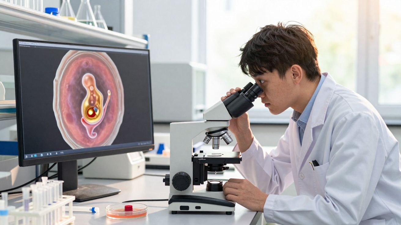 Cientista em bata branca observa amostra no microscópio com imagem de célula em ecrã de computador.