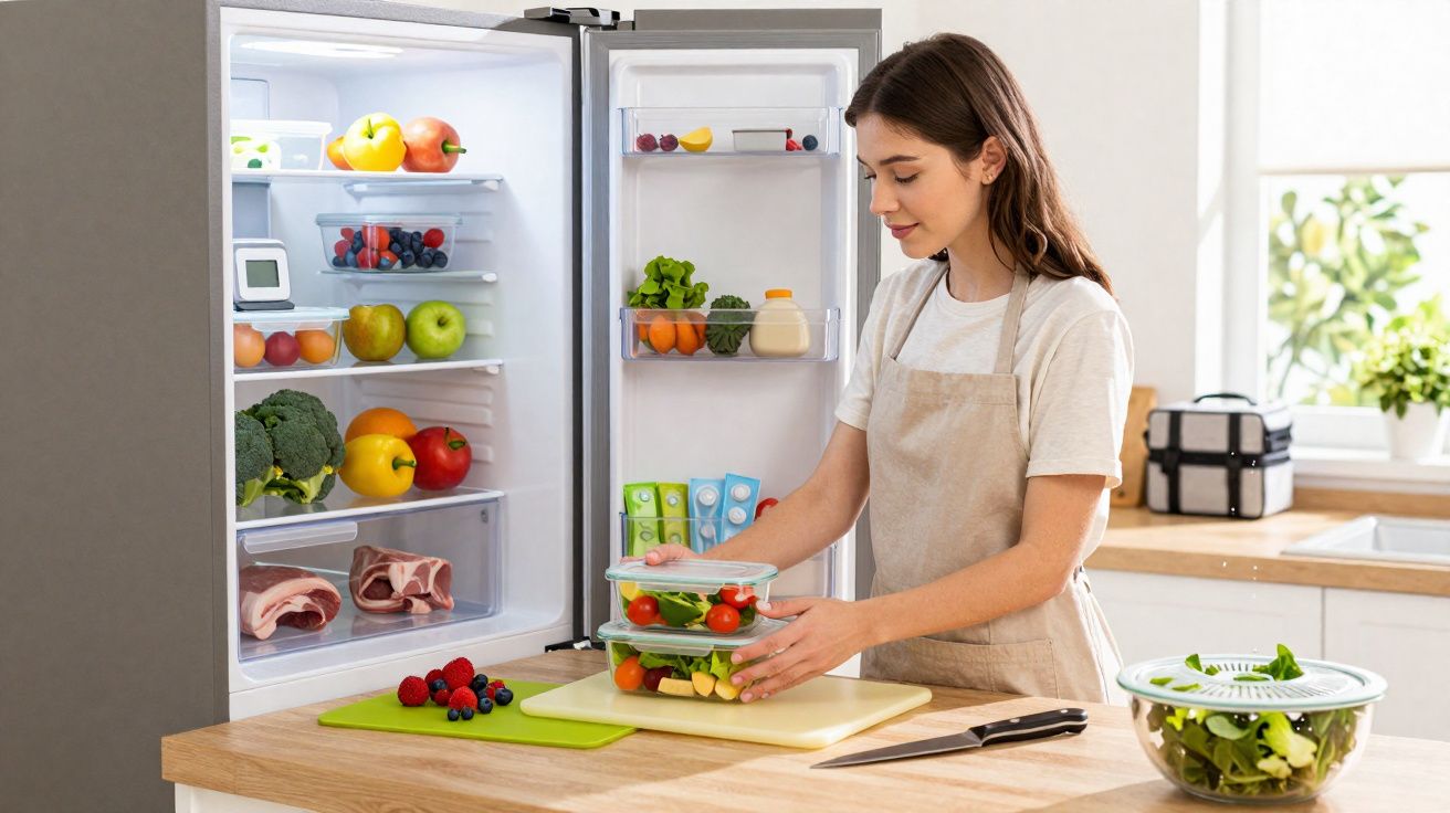 Mulher a preparar salada saudável na cozinha com frigorífico aberto cheio de frutas e legumes.